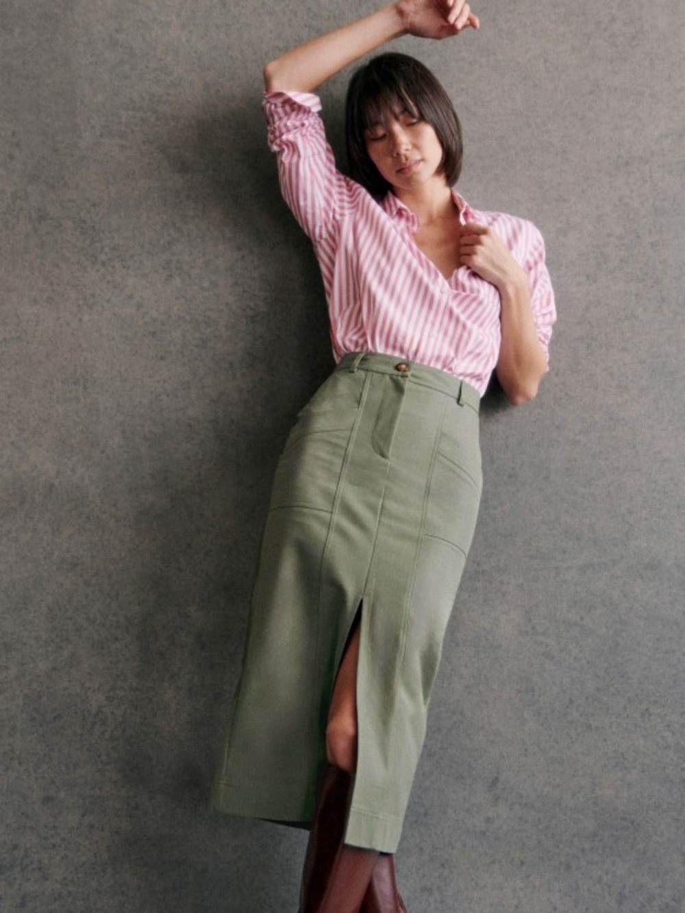 Sezane Nolane Skirt - Olive Green Midi Pencil Skirt